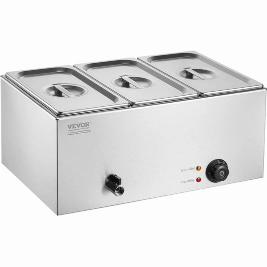 VEVOR 3-Pan Commercial Food Warmer, 16.5L Electric Steam Table, 1200W Professional Countertop Stainless Steel Buffet Bain Marie with 30 - 85℃ Temp Control for Catering and Restaurants, Silver - Mekamart Australia