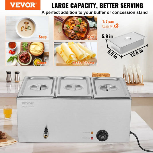 VEVOR 3-Pan Commercial Food Warmer, 16.5L Electric Steam Table, 1200W Professional Countertop Stainless Steel Buffet Bain Marie with 30 - 85℃ Temp Control for Catering and Restaurants, Silver - Mekamart Australia
