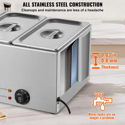 VEVOR 3-Pan Commercial Food Warmer, 16.5L Electric Steam Table, 1200W Professional Countertop Stainless Steel Buffet Bain Marie with 30 - 85℃ Temp Control for Catering and Restaurants, Silver - Mekamart Australia