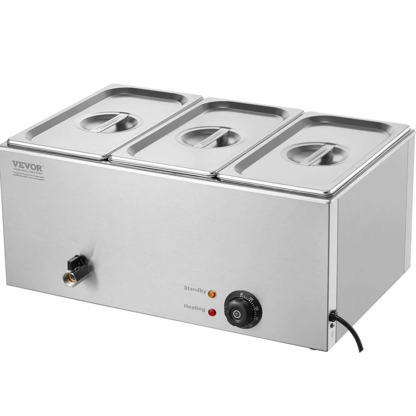 VEVOR 3-Pan Commercial Food Warmer, 16.5L Electric Steam Table, 1200W Professional Countertop Stainless Steel Buffet Bain Marie with 30 - 85℃ Temp Control for Catering and Restaurants, Silver - Mekamart Australia