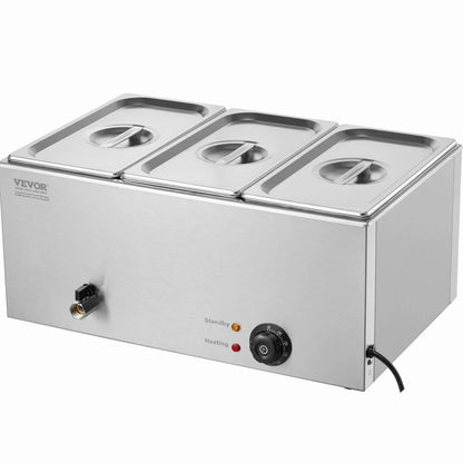 VEVOR 3-Pan Commercial Food Warmer, 16.5L Electric Steam Table, 1200W Professional Countertop Stainless Steel Buffet Bain Marie with 30 - 85℃ Temp Control for Catering and Restaurants, Silver - Mekamart Australia