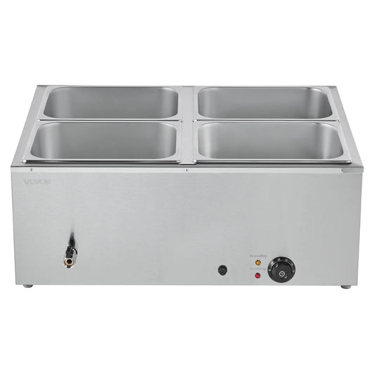 VEVOR Commercial Food Warmer, 1500W Electric Stainless Steel Steam Food Warmer with Lid, 4-Pan Fast Heating Countertop Buffet Bain Marie with Soup & Perforated Ladles, for Catering, Restaurant, Party - Mekamart Australia