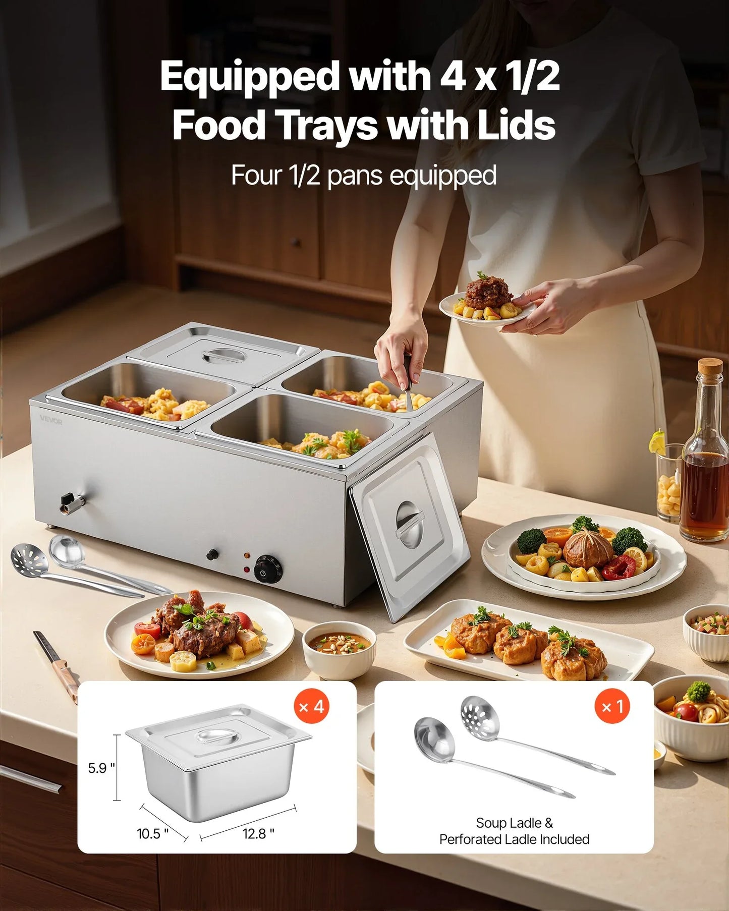 VEVOR Commercial Food Warmer, 1500W Electric Stainless Steel Steam Food Warmer with Lid, 4-Pan Fast Heating Countertop Buffet Bain Marie with Soup & Perforated Ladles, for Catering, Restaurant, Party - Mekamart Australia