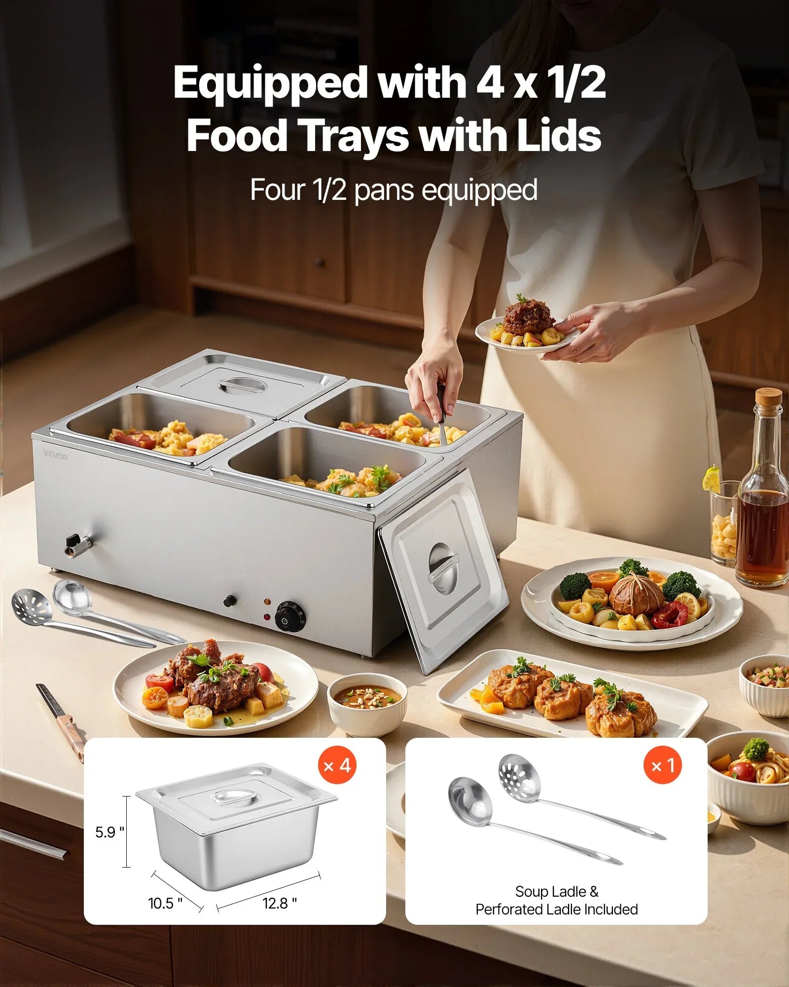 VEVOR Commercial Food Warmer, 1500W Electric Stainless Steel Steam Food Warmer with Lid, 4-Pan Fast Heating Countertop Buffet Bain Marie with Soup & Perforated Ladles, for Catering, Restaurant, Party - Mekamart Australia