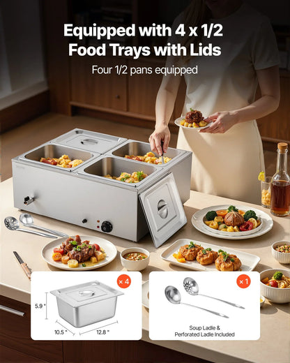VEVOR Commercial Food Warmer, 1500W Electric Stainless Steel Steam Food Warmer with Lid, 4-Pan Fast Heating Countertop Buffet Bain Marie with Soup & Perforated Ladles, for Catering, Restaurant, Party - Mekamart Australia
