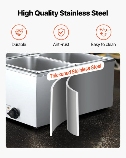 VEVOR Commercial Food Warmer, 1500W Electric Stainless Steel Steam Food Warmer with Lid, 4-Pan Fast Heating Countertop Buffet Bain Marie with Soup & Perforated Ladles, for Catering, Restaurant, Party - Mekamart Australia