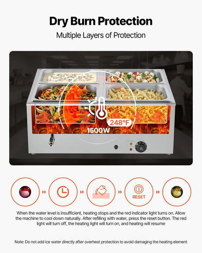 VEVOR Commercial Food Warmer, 1500W Electric Stainless Steel Steam Food Warmer with Lid, 4-Pan Fast Heating Countertop Buffet Bain Marie with Soup & Perforated Ladles, for Catering, Restaurant, Party - Mekamart Australia