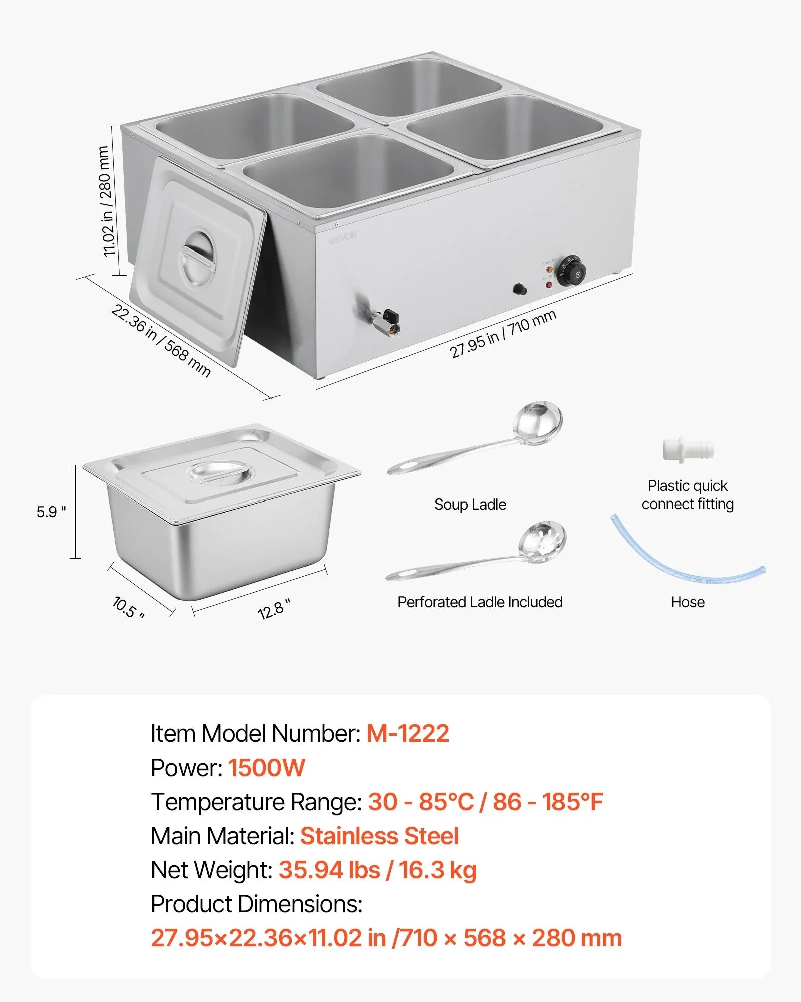 VEVOR Commercial Food Warmer, 1500W Electric Stainless Steel Steam Food Warmer with Lid, 4-Pan Fast Heating Countertop Buffet Bain Marie with Soup & Perforated Ladles, for Catering, Restaurant, Party - Mekamart Australia