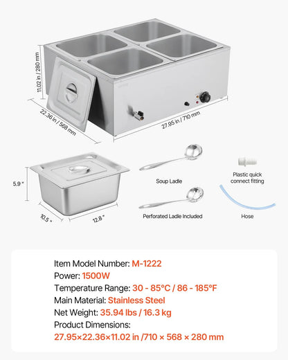 VEVOR Commercial Food Warmer, 1500W Electric Stainless Steel Steam Food Warmer with Lid, 4-Pan Fast Heating Countertop Buffet Bain Marie with Soup & Perforated Ladles, for Catering, Restaurant, Party - Mekamart Australia