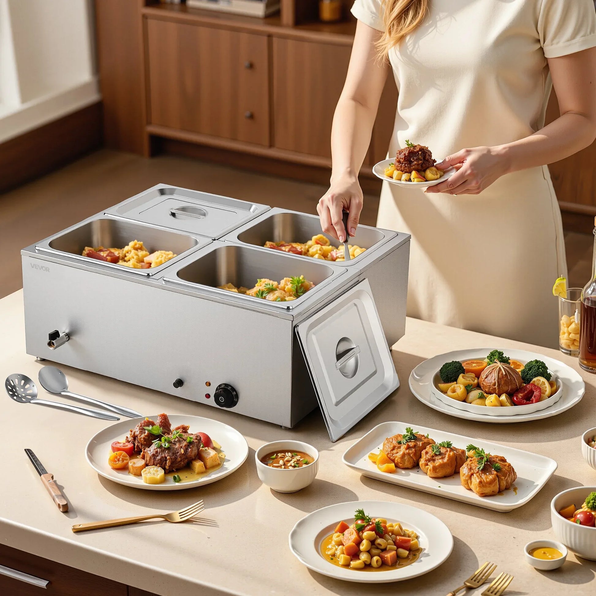 VEVOR Commercial Food Warmer, 1500W Electric Stainless Steel Steam Food Warmer with Lid, 4-Pan Fast Heating Countertop Buffet Bain Marie with Soup & Perforated Ladles, for Catering, Restaurant, Party - Mekamart Australia