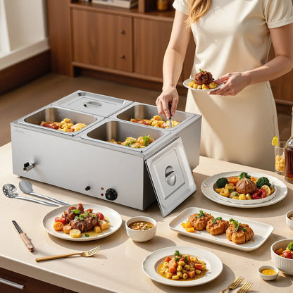 VEVOR Commercial Food Warmer, 1500W Electric Stainless Steel Steam Food Warmer with Lid, 4-Pan Fast Heating Countertop Buffet Bain Marie with Soup & Perforated Ladles, for Catering, Restaurant, Party - Mekamart Australia