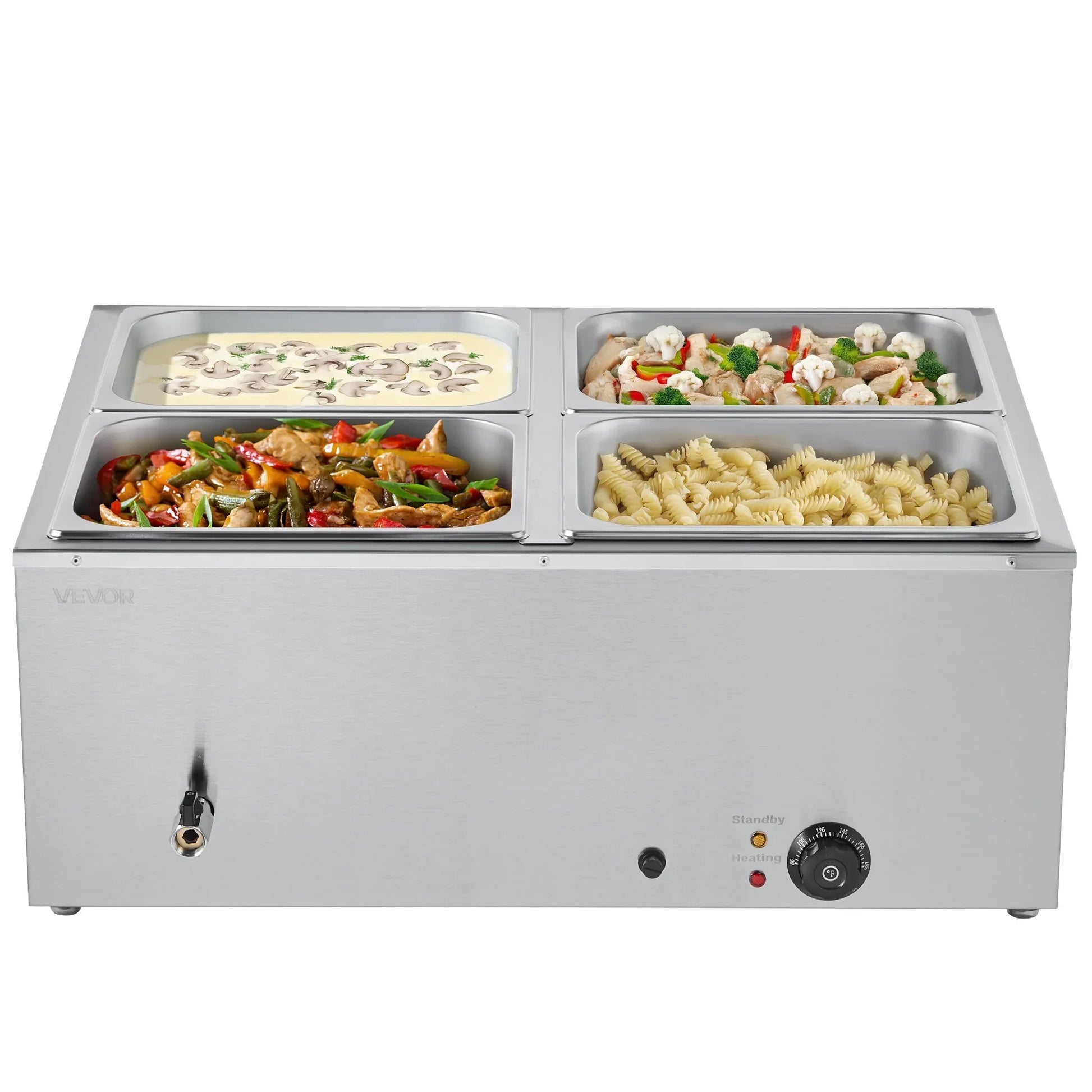 VEVOR Commercial Food Warmer, 1500W Electric Stainless Steel Steam Food Warmer with Lid, 4-Pan Fast Heating Countertop Buffet Bain Marie with Soup & Perforated Ladles, for Catering, Restaurant, Party - Mekamart Australia