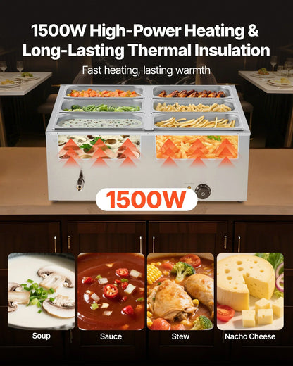 VEVOR Commercial Food Warmer, 1500W Electric Stainless Steel Steam Food Warmer with Lid, 6-Pan Fast Heating Countertop Buffet Bain Marie with Soup & Perforated Ladles, for Catering, Restaurant, Party - Mekamart Australia