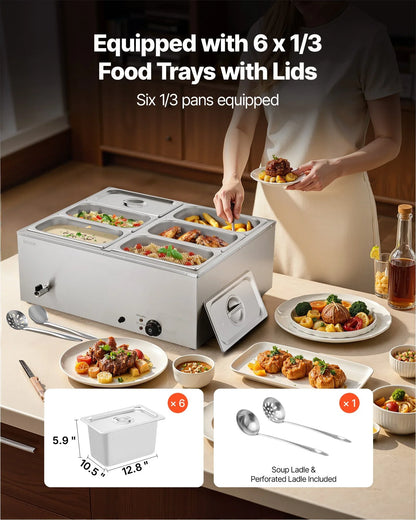VEVOR Commercial Food Warmer, 1500W Electric Stainless Steel Steam Food Warmer with Lid, 6-Pan Fast Heating Countertop Buffet Bain Marie with Soup & Perforated Ladles, for Catering, Restaurant, Party - Mekamart Australia