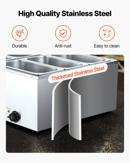 VEVOR Commercial Food Warmer, 1500W Electric Stainless Steel Steam Food Warmer with Lid, 6-Pan Fast Heating Countertop Buffet Bain Marie with Soup & Perforated Ladles, for Catering, Restaurant, Party - Mekamart Australia