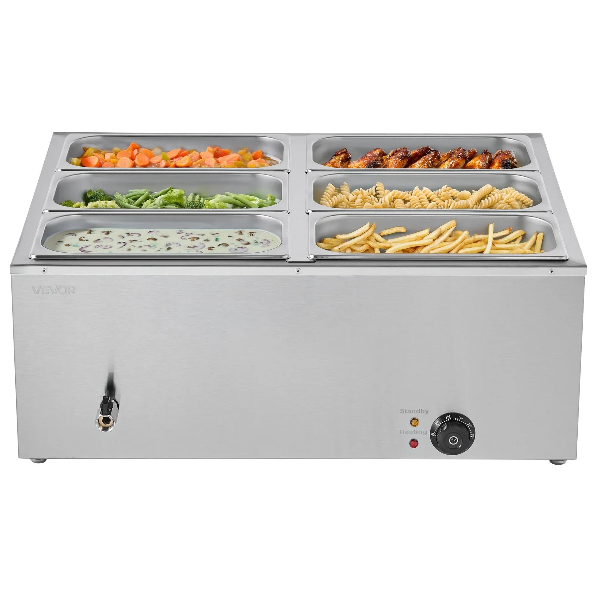 VEVOR Commercial Food Warmer, 1500W Electric Stainless Steel Steam Food Warmer with Lid, 6-Pan Fast Heating Countertop Buffet Bain Marie with Soup & Perforated Ladles, for Catering, Restaurant, Party - Mekamart Australia