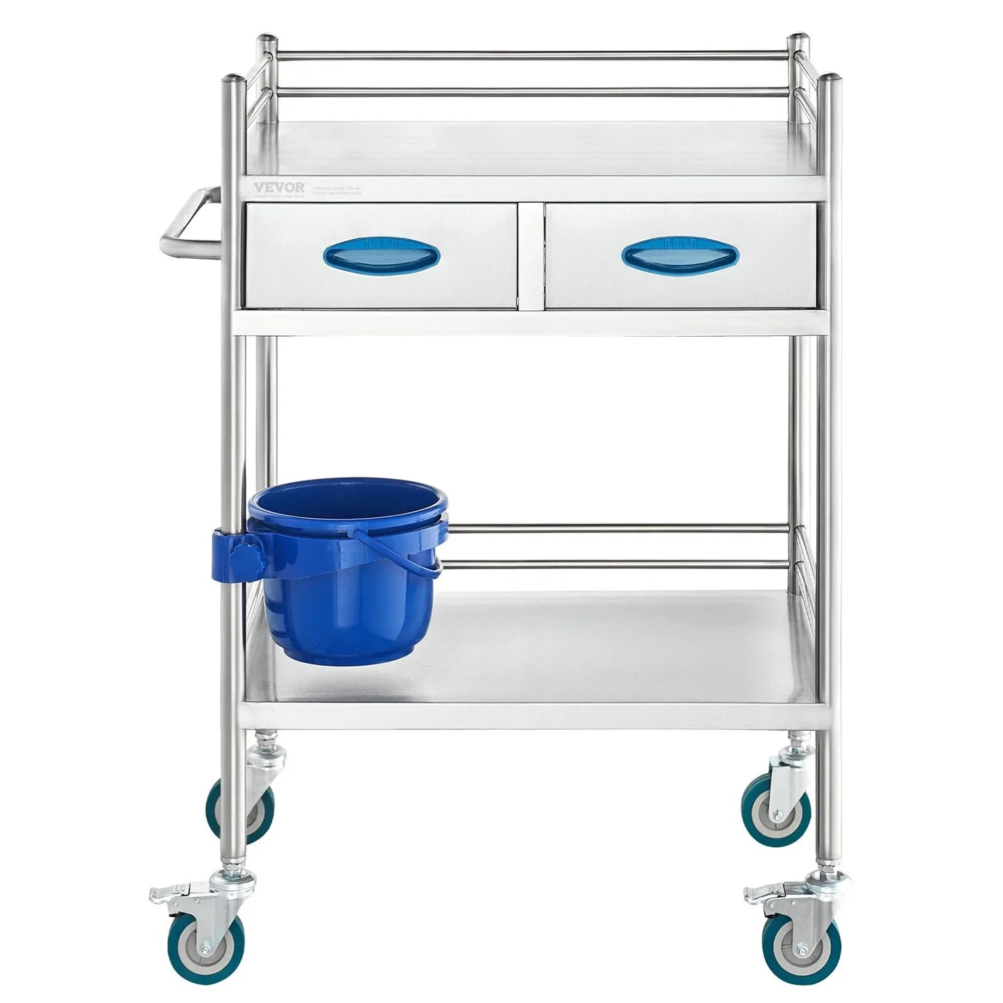 VEVOR Lab Serving Cart, 2 Layers Stainless Steel Utility Rolling Cart, Medical Cart with Two Drawers, Dental Utility Cart with Lockable Wheels and A Bucket, for Laboratory, Hospital, Dental Use - Mekamart Australia