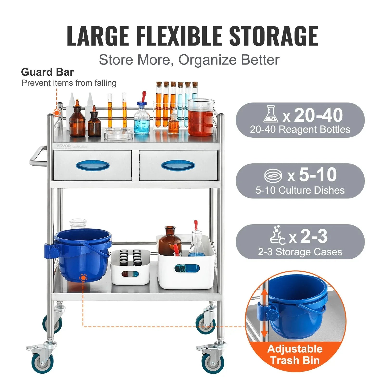 VEVOR Lab Serving Cart, 2 Layers Stainless Steel Utility Rolling Cart, Medical Cart with Two Drawers, Dental Utility Cart with Lockable Wheels and A Bucket, for Laboratory, Hospital, Dental Use - Mekamart Australia