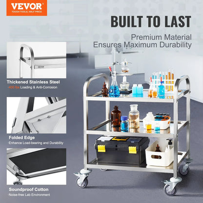 VEVOR Stainless Steel Cart, 3 Layers Lab Utility Cart 181 kg Weight Capacity, Medical Cart with Lockable Universal Wheels, for Lab, Clinic, Kitchen, Salon - Mekamart Australia