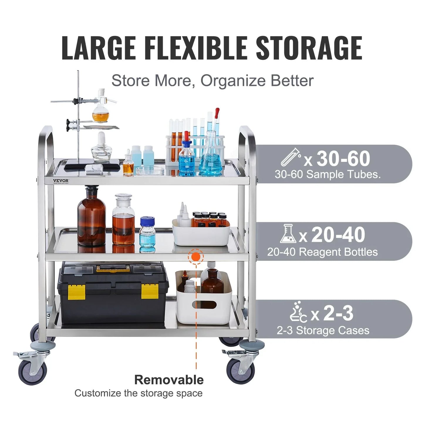 VEVOR Stainless Steel Cart, 3 Layers Lab Utility Cart 181 kg Weight Capacity, Medical Cart with Lockable Universal Wheels, for Lab, Clinic, Kitchen, Salon - Mekamart Australia
