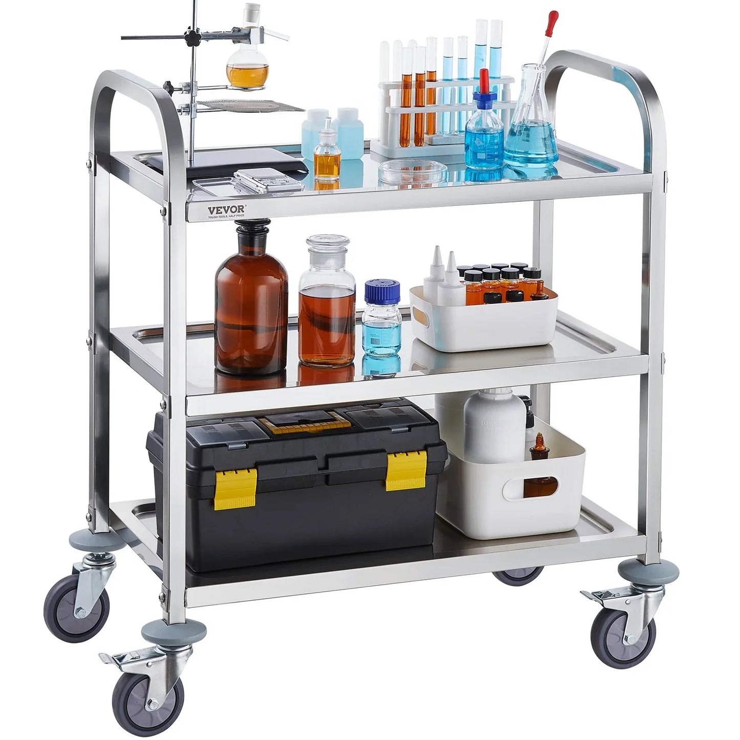 VEVOR Stainless Steel Cart, 3 Layers Lab Utility Cart 181 kg Weight Capacity, Medical Cart with Lockable Universal Wheels, for Lab, Clinic, Kitchen, Salon - Mekamart Australia