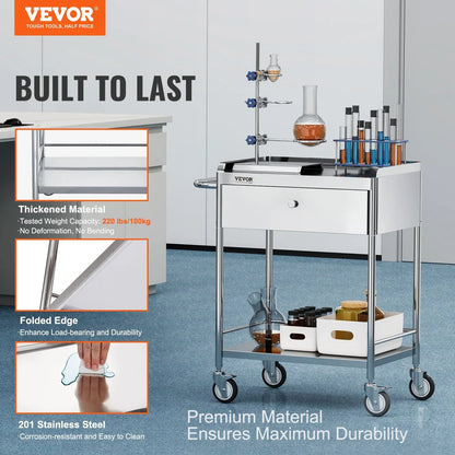 VEVOR Medical Cart, 2 Layer stainless Steel Cart100 kg Weight Capacity Utility Cart Silent Wheels and a Drawer for Lab, Clinic, kitchen, Salon - Mekamart Australia
