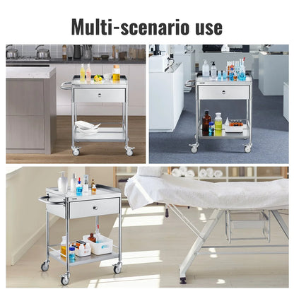 VEVOR Medical Cart, 2 Layer stainless Steel Cart100 kg Weight Capacity Utility Cart Silent Wheels and a Drawer for Lab, Clinic, kitchen, Salon - Mekamart Australia