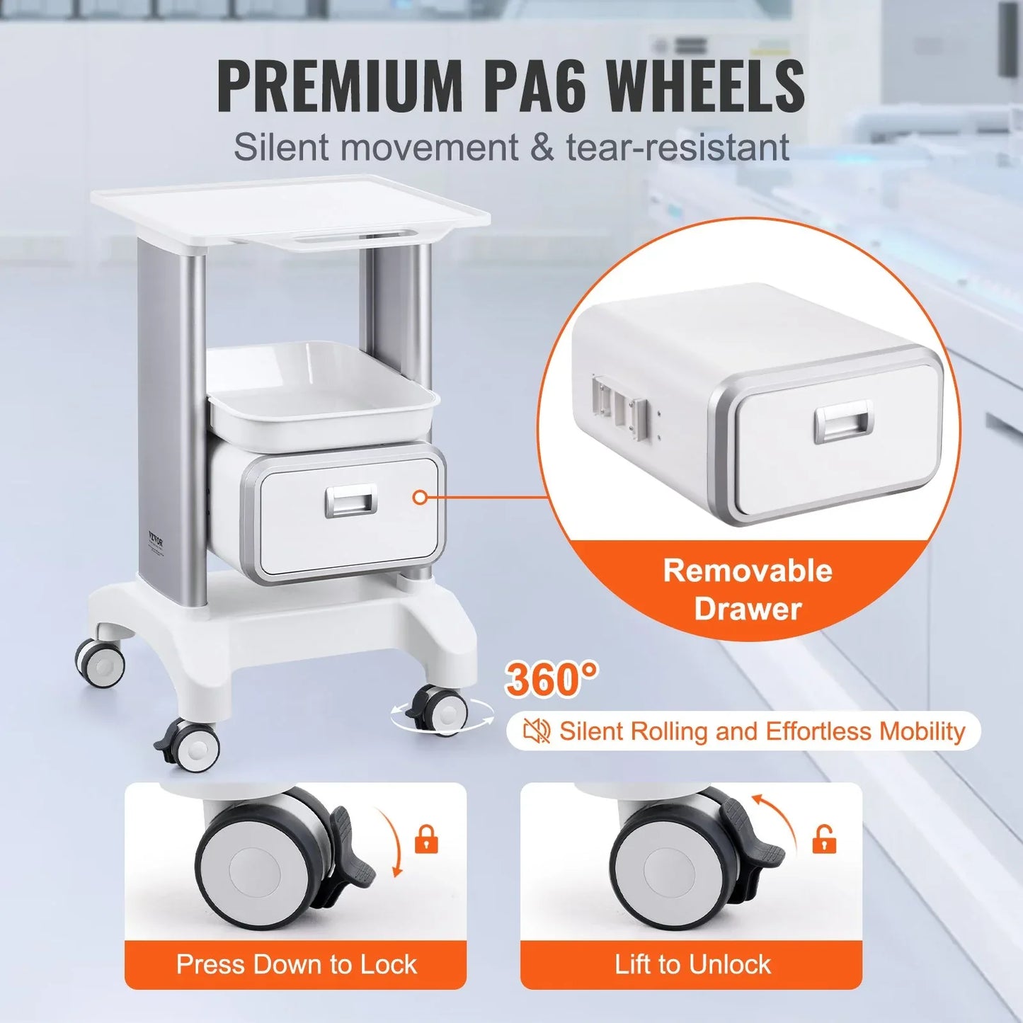 VEVOR 2 Tiers Lab Carts Mobile Medical Cart with 1 Drawer & 1 Top Tray White - Mekamart Australia