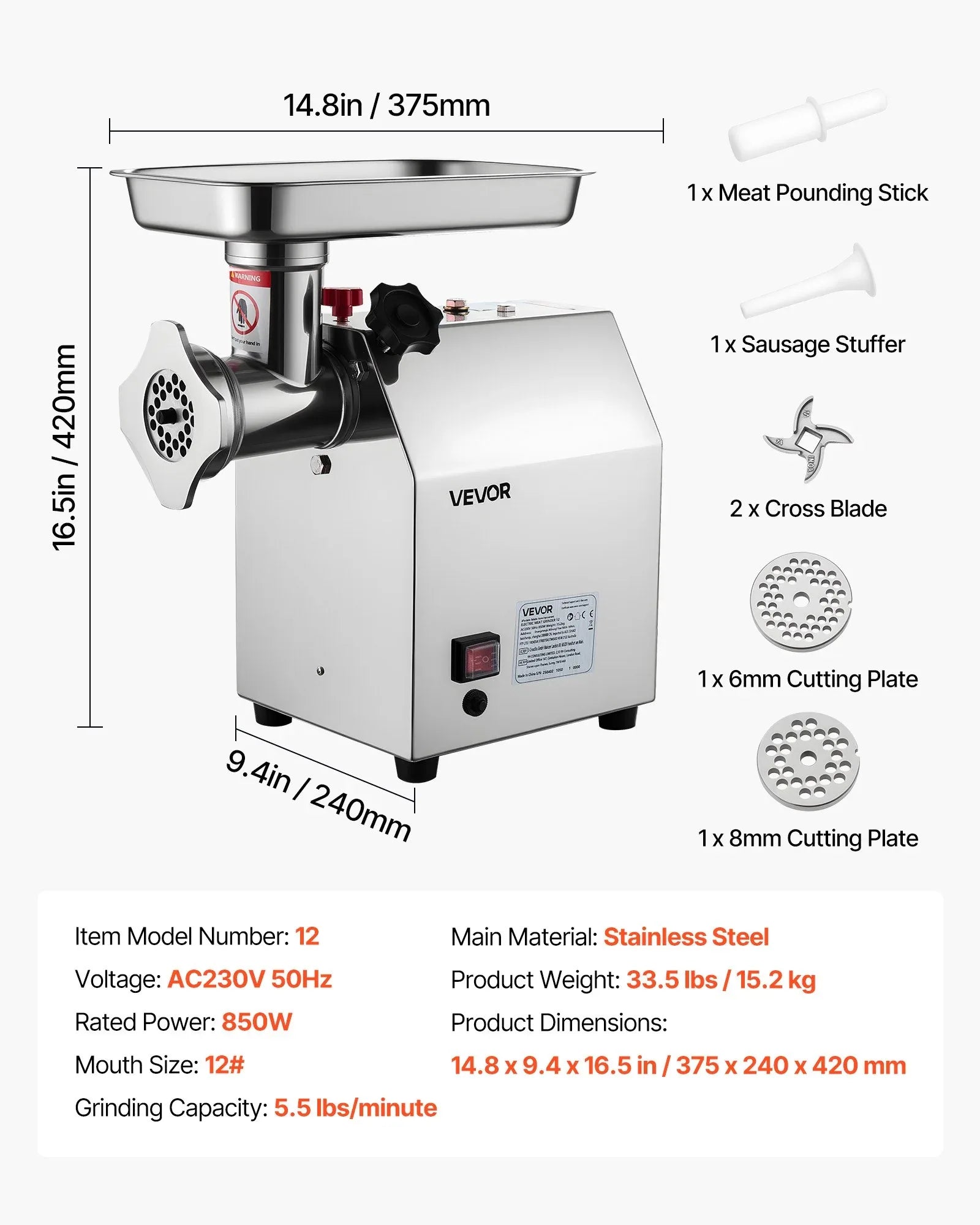 VEVOR Commercial Electric Meat Grinder 5.5 Lbs/Min Sausage Stuffer Maker Kitchen - Mekamart Australia