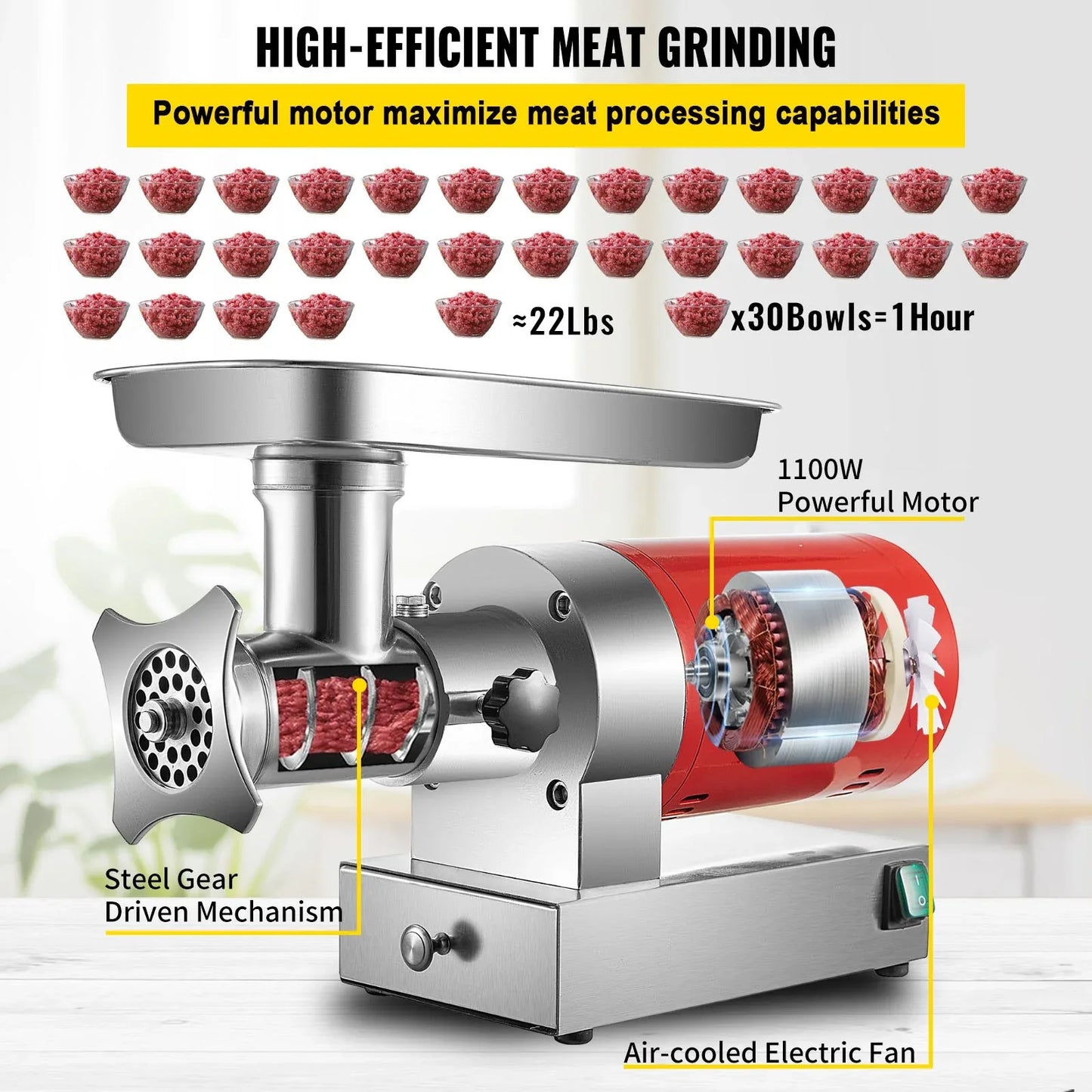 VEVOR Electric Meat Grinder Machine Electric Meat Mincer 661 Lbs/Hour 1100W - Mekamart Australia