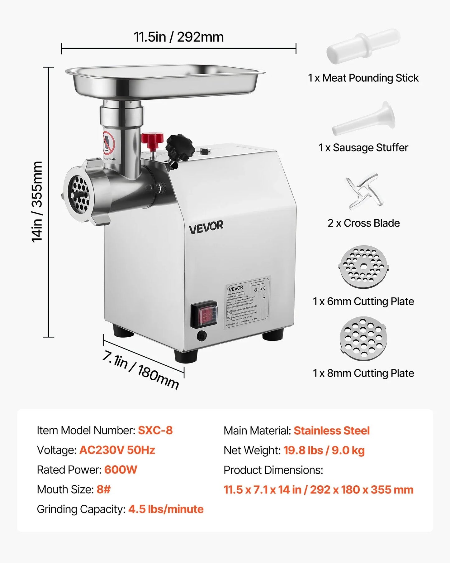 VEVOR Commercial Electric Meat Grinder 4.5 Lbs/Min Sausage Stuffer Maker Kitchen - Mekamart Australia