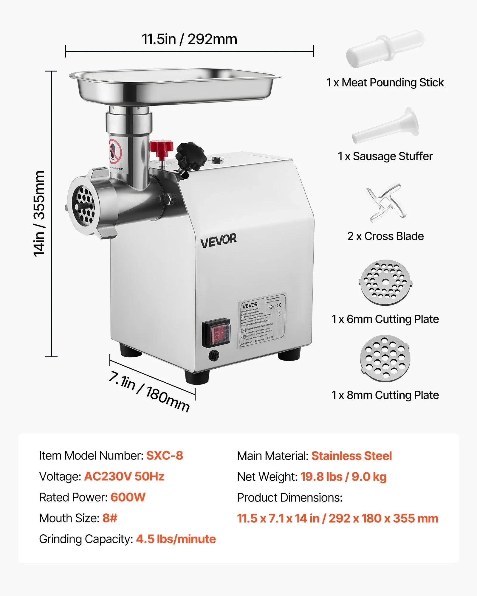 VEVOR Commercial Electric Meat Grinder 4.5 Lbs/Min Sausage Stuffer Maker Kitchen - Mekamart Australia