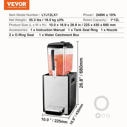 VEVOR Commercial Beverage Dispenser 12L Cold Juice Ice Drink Dispenser for Party - Mekamart Australia