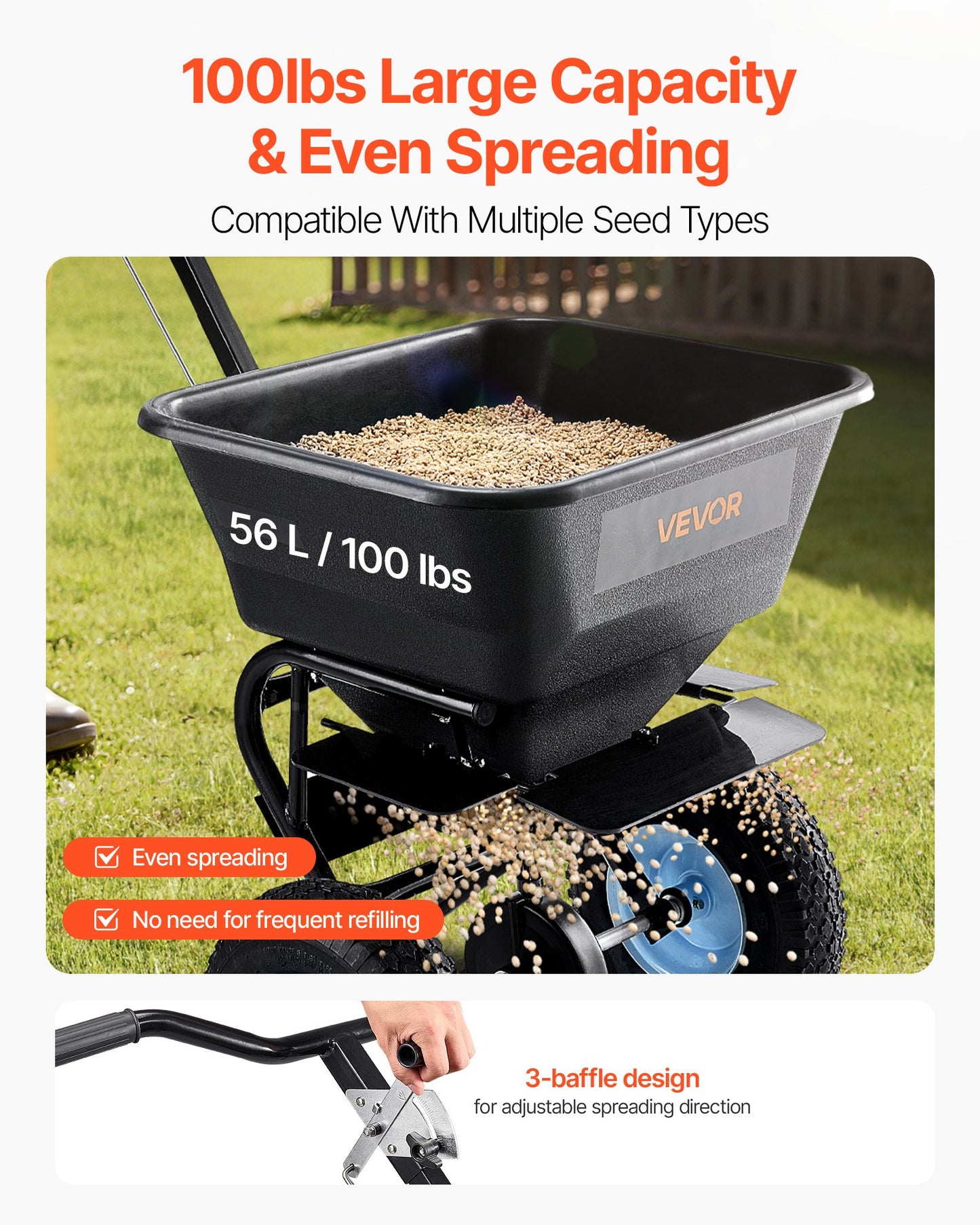 Lawn Spreader, 100LBS Capacity, Walk-Behind Push Spreader, 0-9.8ft Spreading Width, 13 in All Terrain Pneumatic Tires, Fertilizer Spreaders with Hopper Grate, for Seed Salt Ice Melt