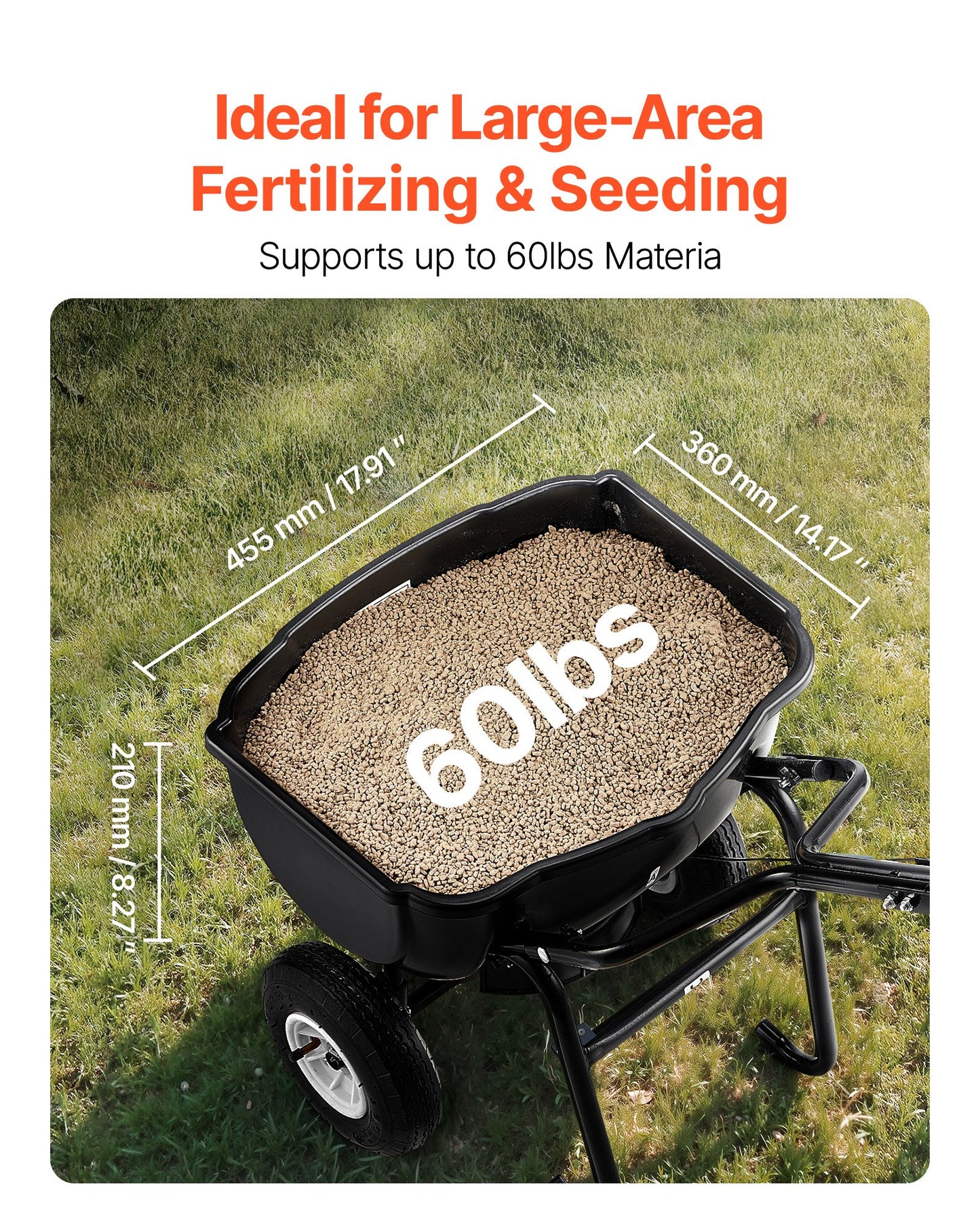 Walk Behind Spreader, 60LBS Capacity, Push Spreader with Hopper Grate, 0-9.8 ft Spreading Width, 8 in All Terrain Pneumatic Tires, Garden & Lawn Broadcast Spreaders, for Seed, Fertilizer
