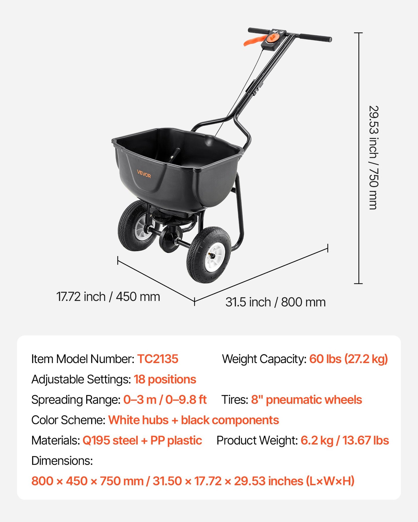 Walk Behind Spreader, 60LBS Capacity, Push Spreader with Hopper Grate, 0-9.8 ft Spreading Width, 8 in All Terrain Pneumatic Tires, Garden & Lawn Broadcast Spreaders, for Seed, Fertilizer