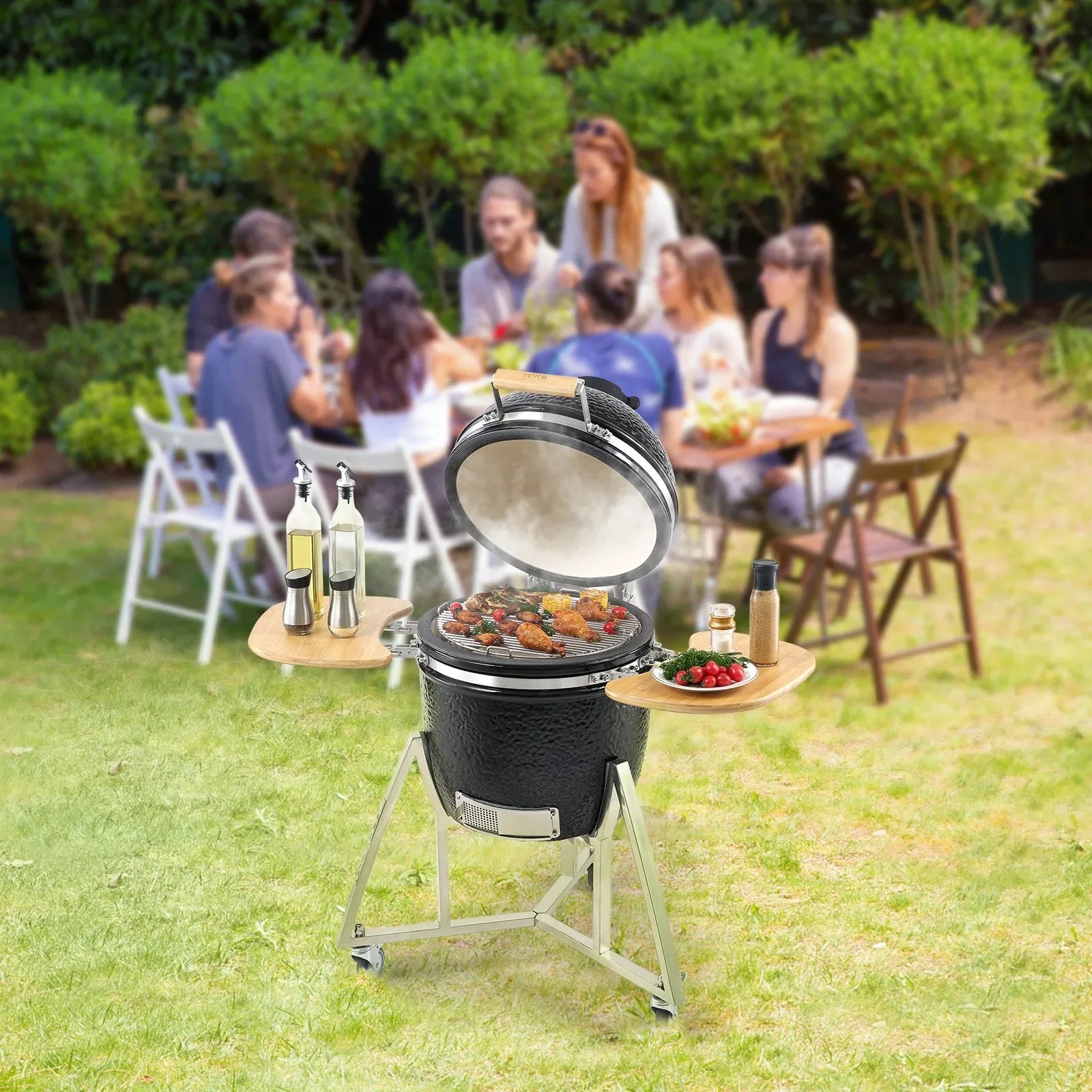 VEVOR Portable Charcoal Grill, Propane Gas Grills with Cover and Cart, Heavy Duty Stainless Steel BBQ Grill, Mini Smoker for Outdoor Cooking, Barbecue Camping, Picnic, and Backyard, Black - Mekamart Australia
