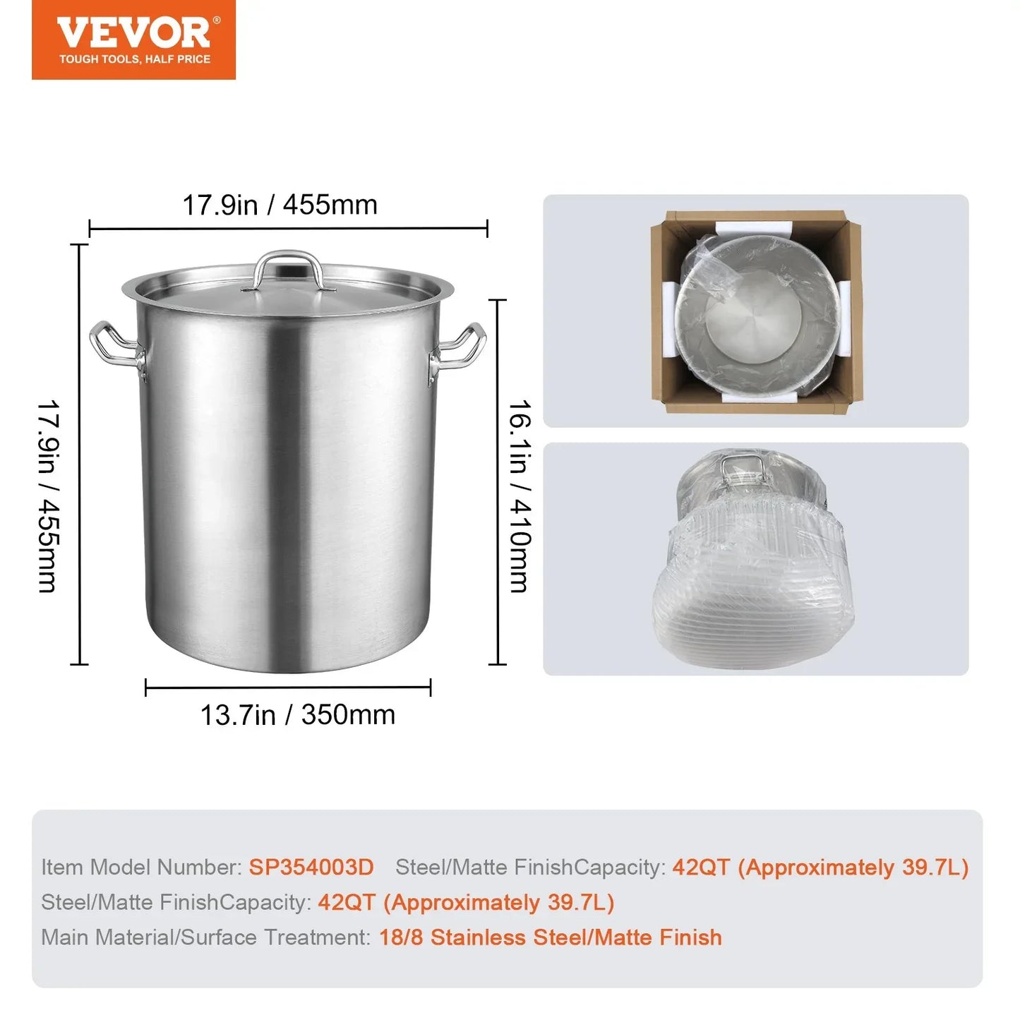 VEVOR Stainless Steel Stockpot, 42 Quart Large Cooking Pots, Multipurpose Cookware Sauce Pot with Lid & Handle, Heavy Duty Commercial Grade Stock Pot, Sanding Treatment, for Large Groups Events Silver - Mekamart Australia
