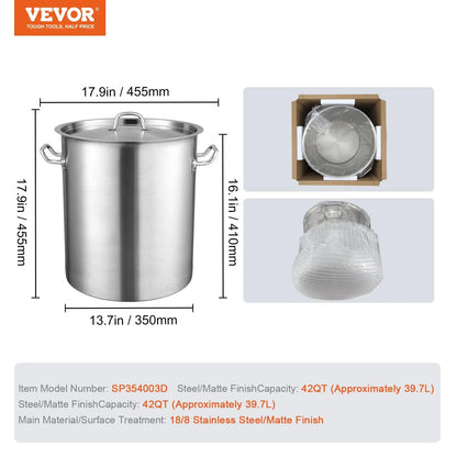 VEVOR Stainless Steel Stockpot, 42 Quart Large Cooking Pots, Multipurpose Cookware Sauce Pot with Lid & Handle, Heavy Duty Commercial Grade Stock Pot, Sanding Treatment, for Large Groups Events Silver - Mekamart Australia