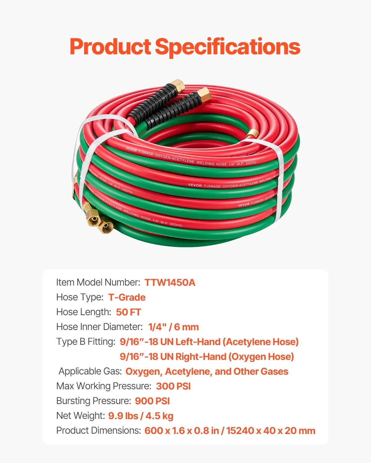 Oxygen Acetylene Hose 1/4-Inch x 50FT T Grade Hose 300PSI Max Working Pressure - Mekamart Australia