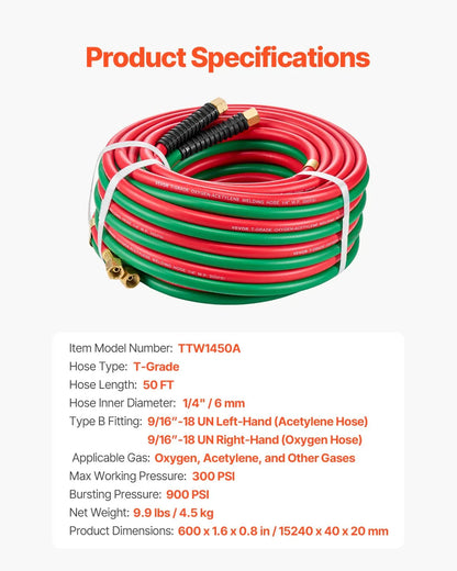 Oxygen Acetylene Hose 1/4-Inch x 50FT T Grade Hose 300PSI Max Working Pressure - Mekamart Australia