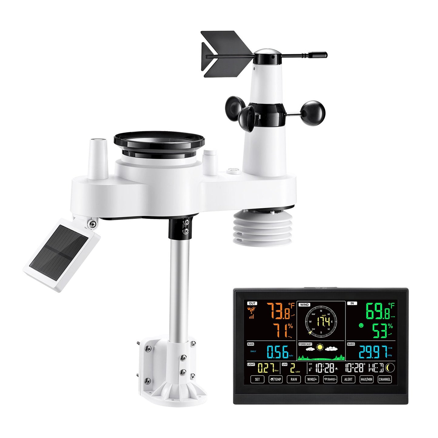 7-in-1 Wireless Weather Station, 190.5 mm VA Display, Solar Powered Outdoor Sensor, Rain Gauge, Indoor Outdoor for Weather Forecast, Temperature, Humidity, Wind Speed and Direction (No WiFi)