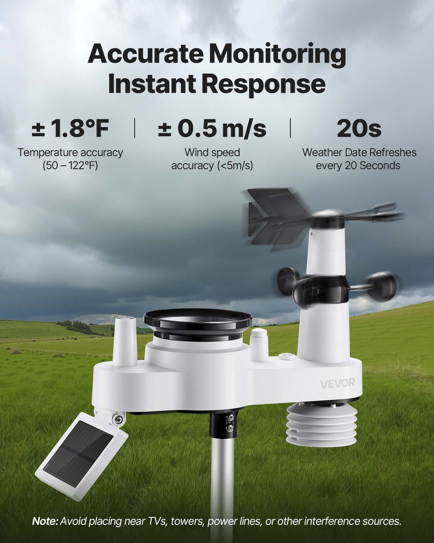 7-in-1 Wireless Weather Station, 190.5 mm VA Display, Solar Powered Outdoor Sensor, Rain Gauge, Indoor Outdoor for Weather Forecast, Temperature, Humidity, Wind Speed and Direction (No WiFi)