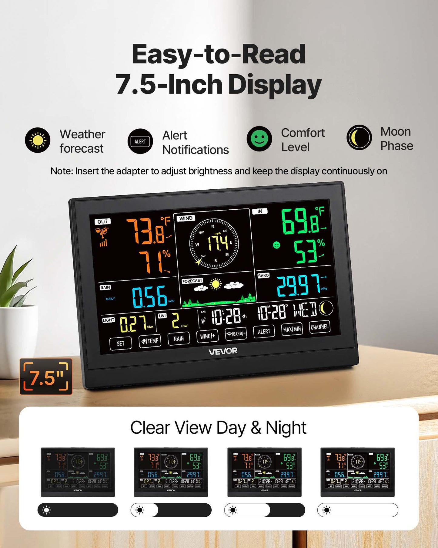 7-in-1 Wireless Weather Station, 190.5 mm VA Display, Solar Powered Outdoor Sensor, Rain Gauge, Indoor Outdoor for Weather Forecast, Temperature, Humidity, Wind Speed and Direction (No WiFi)