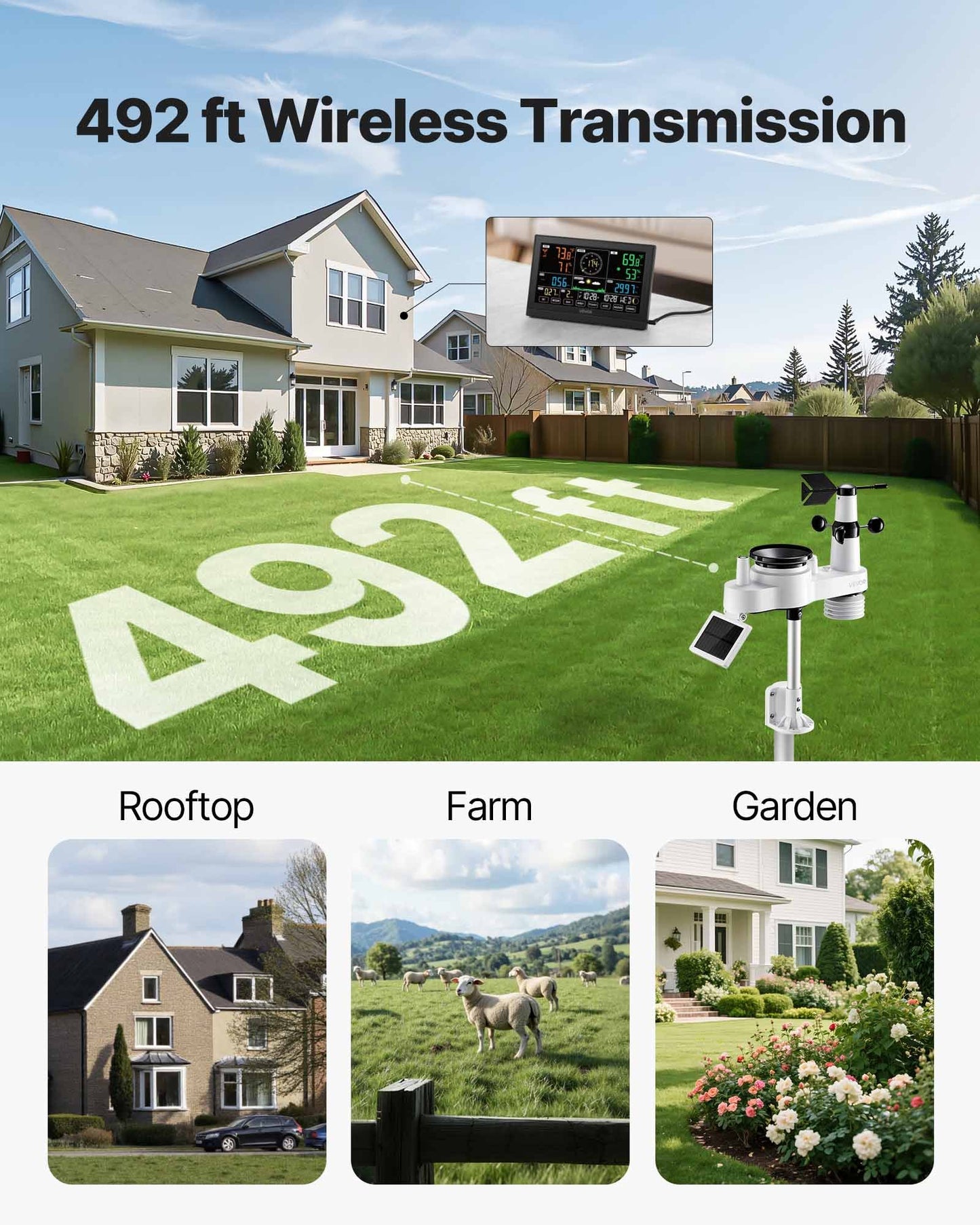 7-in-1 Wireless Weather Station, 190.5 mm VA Display, Solar Powered Outdoor Sensor, Rain Gauge, Indoor Outdoor for Weather Forecast, Temperature, Humidity, Wind Speed and Direction (No WiFi)