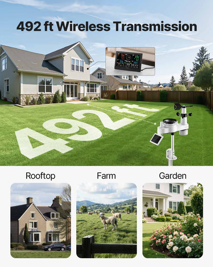 7-in-1 Wireless Weather Station, 190.5 mm VA Display, Solar Powered Outdoor Sensor, Rain Gauge, Indoor Outdoor for Weather Forecast, Temperature, Humidity, Wind Speed and Direction (No WiFi)
