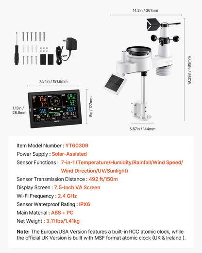 7-in-1 Wireless Weather Station, 190.5 mm VA Display, Solar Powered Outdoor Sensor, Rain Gauge, Indoor Outdoor for Weather Forecast, Temperature, Humidity, Wind Speed and Direction (No WiFi)