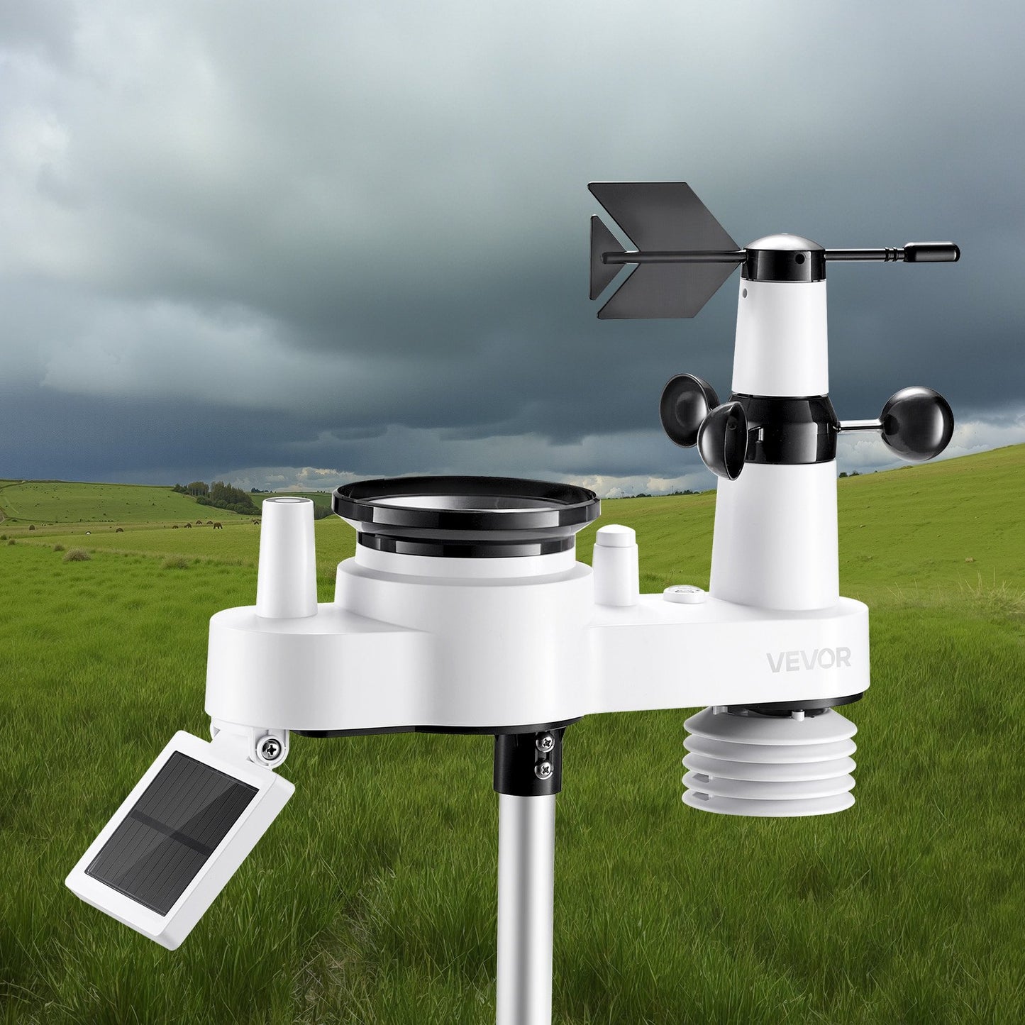 7-in-1 Wireless Weather Station, 190.5 mm VA Display, Solar Powered Outdoor Sensor, Rain Gauge, Indoor Outdoor for Weather Forecast, Temperature, Humidity, Wind Speed and Direction (No WiFi)