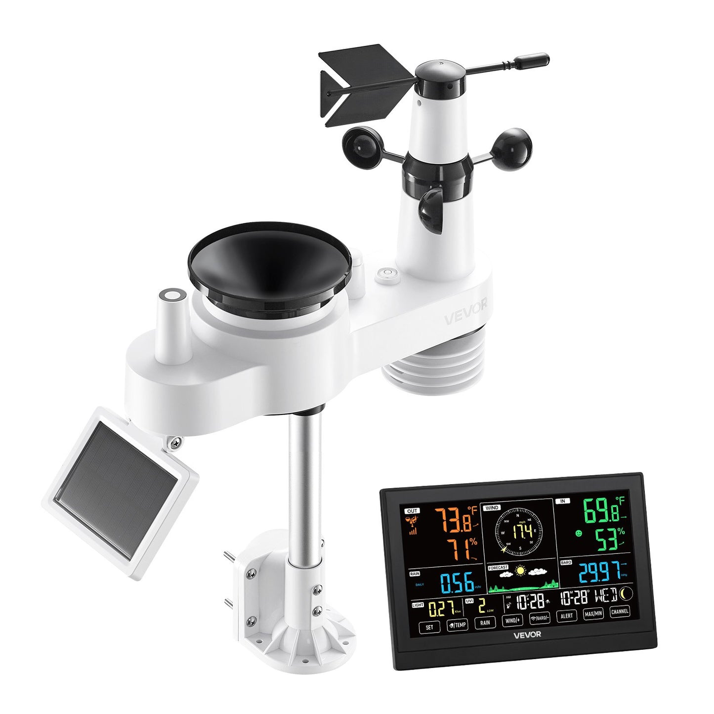 7-in-1 Wireless Weather Station, 190.5 mm VA Display, Solar Powered Outdoor Sensor, Rain Gauge, Indoor Outdoor for Weather Forecast, Temperature, Humidity, Wind Speed and Direction (No WiFi)