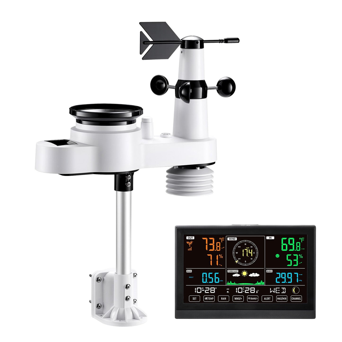 5-in-1 Wireless Weather Station, 190.5 mm VA Display, Solar Powered Outdoor Sensor, Rain Gauge, Indoor Outdoor for Weather Forecast, Temperature, Humidity, Wind Speed and Direction (No WiFi)